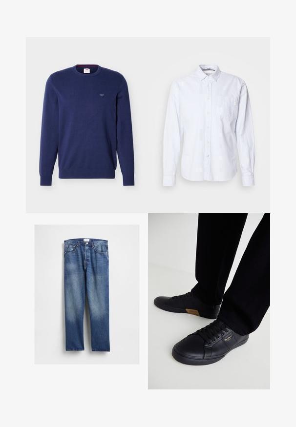 Laivastonsininen Levi's-poolopaita, jossa on pitkät hihat ja pieni valkoinen Levi's-logo vasemmassa rinnassa.; Valkoinen pitkähihainen paita, jossa on vaaleansiniset pystysuorat raidat. Napillinen malli, jossa on yksi rintatasku ja pieni merkkilappu taskussa.; Siniset farkut, joissa on suora lahkeen muotoilu, etuosan haalistumat, perinteinen viiden taskun malli ja metalliset niitit taskuissa.; Mustat nahkaiset tennarit, joissa on sulavaliikkeinen muotoilu, teksturoitu pinta, pyöreä kärki ja mustat nauhat. Kullanvärinen logo yksityiskohtana sivulla.