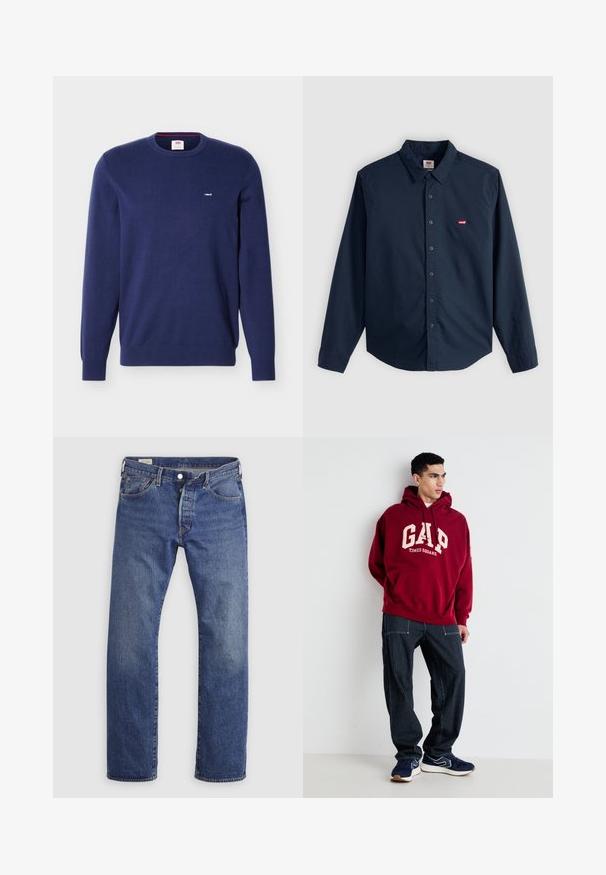 Jersey de cuello caja de Levi's en azul marino con mangas largas y pequeño logo blanco de Levi's en el pecho izquierdo.; Camisa azul marino de manga larga con botones, cuello y logo rojo de Levi’s en el pecho izquierdo sobre un fondo gris claro.; Vaqueros de mezclilla azul con pierna recta, diseño clásico de cinco bolsillos y cierre de botones sobre un fondo liso.; Sudadera color burdeos con "GAP" y "TIMES SQUARE" impresos en crema, combinada con pantalones rayados en azul marino y zapatillas azul marino con detalles en blanco.