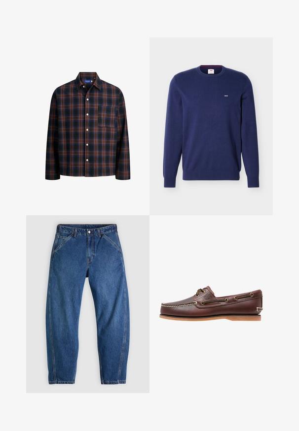 Pull ras du cou Levi's bleu marine à manches longues avec petit logo blanc Levi's sur la poitrine gauche.; Chemise à manches longues à carreaux avec un motif de checks bleus, bruns et noirs, fermeture par boutons et poche poitrine. Fabriquée en tissu doux.; Jean en denim bleu à coupe décontractée, doté d'une fermeture à boutons, de cinq poches et de surpiqûres orange contrastantes. Texture lisse sur toute la surface.; Chaussure bateau en cuir marron avec coutures blanches, détails de lacets et semelle en caoutchouc beige, vue de côté sur fond blanc.