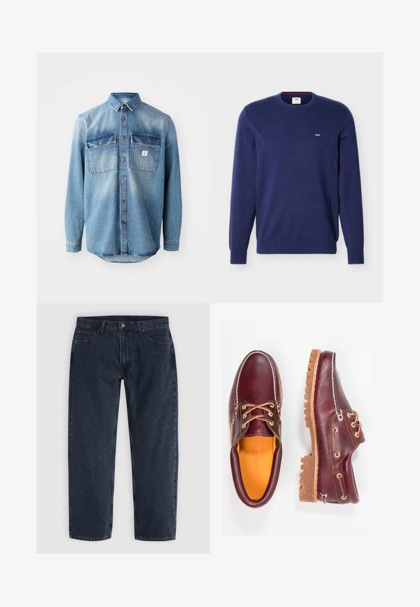 Μπλε ναυτικό πουλόβερ Levi's με στρογγυλή λαιμόκοψη, μακριά μανίκια και μικρό λευκό λογότυπο Levi's στο αριστερό στήθος.; Ανοιχτό μπλε τζιν πουκάμισο με μακριά μανίκια, δύο τσέπες στο στήθος, κλείσιμο με κουμπιά μπροστά και αντίθετα πιο σκούρα χείλη τσέπης. Διαθέτει στρογγυλή τελείωση.; Σκούρο μπλε τζιν με ίσια γραμμή, μπροστινές τσέπες, θηλιές για ζώνη και κούμπωμα με κουμπί στη μέση, εμφανισμένα σε φωτεινό φόντο.; Μπορντώ δερμάτινα παπούτσια με καφέ ελαστικές σόλες, στρογγυλή μύτη, λευκή ραφή και χρυσές τρύπες κορδονιών. Η εσωτερική επένδυση διαθέτει κίτρινη φόδρα.