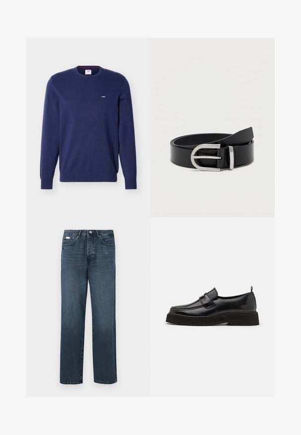 Navyblå Levi's crewneck-trøje med lange ærmer og lille hvidt Levi's-logo på venstre bryst.; Mørkeblå denimbukser med lige pasform, fem lommer, bæltestropper og lynlås. Glat tekstur med subtile blegede detaljer.; Sorte læder loafersko i stil med flad, tekstureret sål, med en syet tå og en rem over vristen.; Sort læderbælte med en glat overflade, der har en sølvmetalklausul og en klassisk rektangulær form.