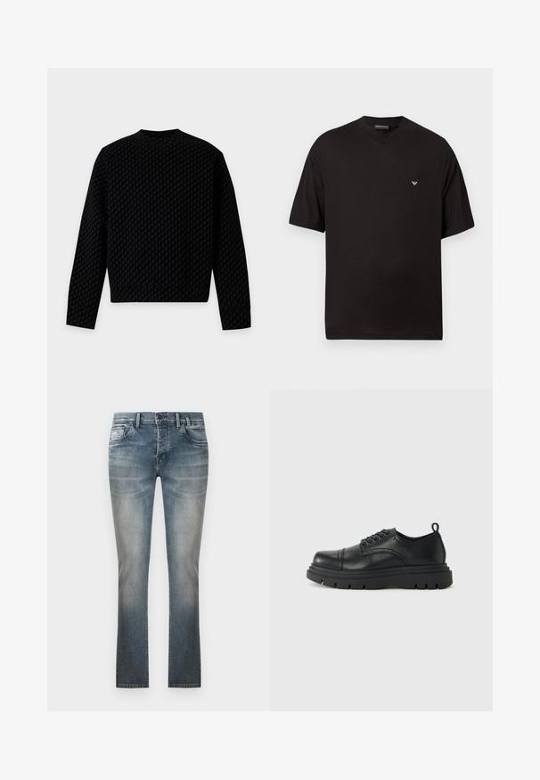 Chemise noire à manches longues avec un motif pied-de-poule sombre subtil, col rond et ourlet droit, vue de dos sur un fond clair.; T-shirt noir à manches courtes et col en V avec un petit logo blanc brodé sur la poitrine gauche.; Jean droit bleu délavé avec poches avant, passants pour ceinture et fermeture par bouton, présenté sur un fond blanc uni.; Chaussure en cuir noir avec lacets, semelle épaisse et languette au talon, vue de côté sur fond clair uni.