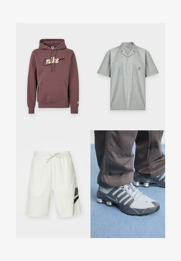 Brun Nike hættetrøje med frontlomme, snor i hætten og hvidt broderet brandnavn over et sort swoosh-logo på brystet.; Kortærmet skjorte med knapper i blå og cremefarvede bomuldsstriber med to brystlommer og et lille logopatch på venstre lomme.; Lysegrå bomuldsshorts med elastisk talje, justerbar snor og et sort Nike-logo på venstre side.; Grå og sølv Nike Shox sneakers har et slankt design med mesh og syntetiske materialer, en rund tå og en polstret krave.