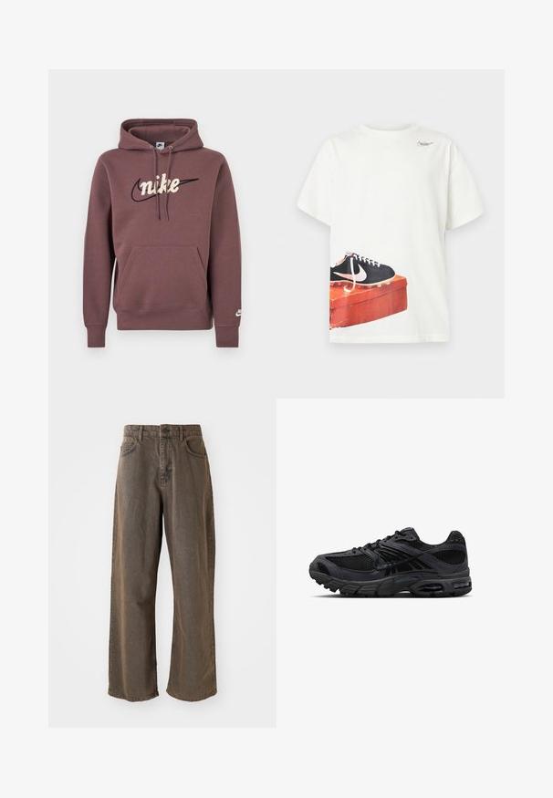 Hnedá mikina Nike s kapucňou na šnúrku, predným vreckom a bielym vyšitým názvom značky nad čiernym logom Swoosh na hrudi.; Biele tričko s krátkym rukávom s potlačou čierneho futbalového kopačky Nike na opotrebovanej červenej škatuľke na obuv pri leme a malým logom pri výstrihu.; Dlhé hnedé denimové nohavice s širokými nohavicami, zapínaním na gombík, pútka na opasok a predné vrecká. Materiál má mierne vyblednutú textúru.; Čierno-tmavosivé bežecké topánky značky Nike s sieťovinou, semišovými prekladmi, odpruženou podrážkou a viditeľnými vzduchovými jednotkami v päte a prednej časti nohy.