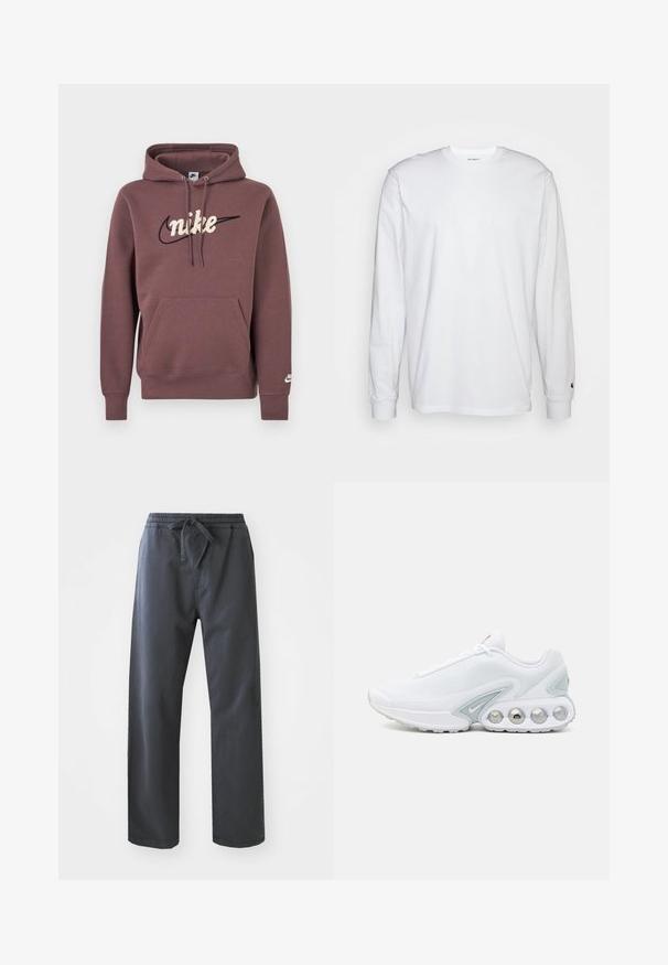 Brauner Nike-Hoodie mit Fronttasche, Kapuze mit Kordelzug und weiß gesticktem Markennamen über einem schwarzen Swoosh-Logo auf der Brust.; Weißes Langarm-T-Shirt aus Baumwolle. Rundhals-Design mit gerippten Bündchen und kleinem Logo auf dem linken Ärmel. Glatte Textur.; Schwarze, elastische Hose mit einem Gummizug und Kordelzug, mit geradem Bein und glatter Textur. Keine sichtbaren Taschen oder Muster.; Weißer Mesh-Sneaker mit grauen Akzenten, runder Zehenpartie und sichtbarem, gepolstertem Schuhsohlenbereich mit runden Luftpolstern und Markenlogo.