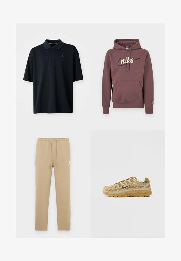 Ruskea Nike-huppari, jossa on etutasku, kiristysnauhallinen huppu ja valkoinen kirjailtu brändinimi mustan Swoosh-logon päällä rinnassa.; Mustapaita, joka on valmistettu sileästä kankaasta, jossa on kaulus, lyhyet hihat ja vasemmassa rinnassa pieni harmaa Jordan-logo brodeerattuna.; Beiget collegehousut, joissa joustava vyötärönauha ja kiristysnauhat, ja vasemman reiden yläosassa pieni valkoinen Nike-logo.; Beige urheilukengät, joissa on teksturoitu mokka- ja verkkopaneelit, kontrastiväriset ruskeat nauhat ja kulutusta kestävä kumipohja. Niissä on näkyvä logo.