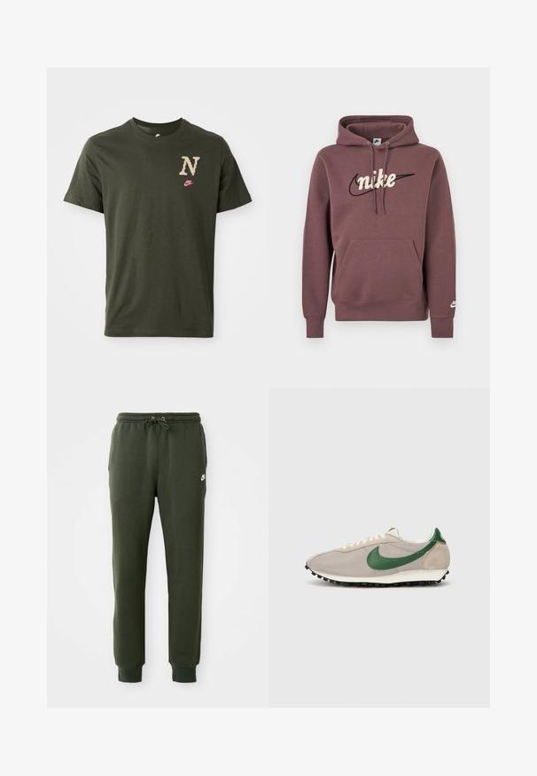 Brauner Nike-Hoodie mit Fronttasche, Kapuze mit Kordelzug und weiß gesticktem Markennamen über einem schwarzen Swoosh-Logo auf der Brust.; Olivenfarbener Baumwoll-T-Shirt mit kurzen Ärmeln, ausgestattet mit einem großen gemusterten "N"-Logo in Beige und einem kleinen pinken Nike-Swoosh auf der Brust.; Dunkelgrüne Sweatpants aus weichem Material mit einem Kordelzugbund und schmal zulaufenden Knöcheln. Nike-Logo auf dem linken Oberschenkel aufgedruckt.; Beige Laufschuhe mit grünen Wildlederakzenten, strukturiertem Mesh-Obermaterial, cremefarbenen Schnürsenkeln und einer schwarzen Gummisohle mit Traktionsnoppen.