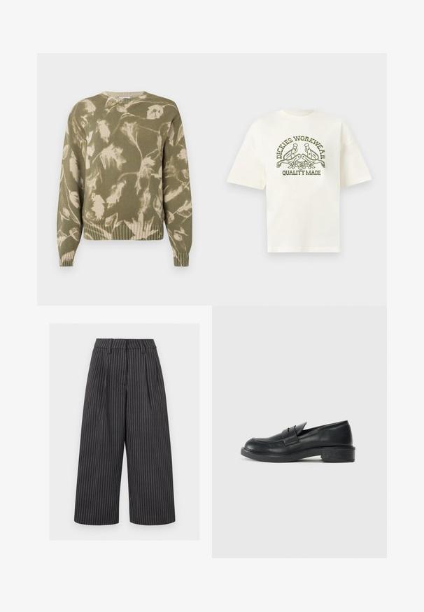 Strikket sweater i olivengrøn med et bladmønster i creme. Ribbet kant og manchetter, rund hals og afslappet pasform. Teksturdesign i stoffet.; Hvid kortærmet T-shirt med olivengrøn "Dickies Workwear Quality Made" tekst og grafik af to sporer og blomster på fronten.; Sorte bukser med vide ben, forkortede, med hvide lodrette nålestriber og bæltestropper på en lys baggrund.; Sorte læder loafers med rund tå, stikninger og en lille hæl. Glat tekstur og en fleksibel gummisål.