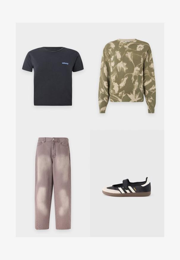 Strikket sweater i olivengrøn med et bladmønster i creme. Ribbet kant og manchetter, rund hals og afslappet pasform. Teksturdesign i stoffet.; Sort bomulds t-shirt med korte ærmer, rund hals, med et blåt "obey" logo på venstre bryst. Glat tekstur, almindelig pasform.; Lilla falmet denimjeans med høj talje, knaplukning og to forlommer, vist på en ensfarvet baggrund.; Sort og beige sko med velcrolukning, tre hvide striber på siden og en tekstureret brun gummisål. Mærkelogo er synligt.