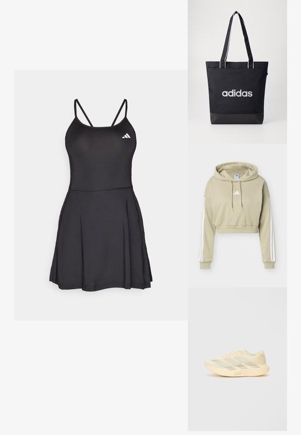 Sudadera corta beige con capucha, con logo blanco de Adidas en el pecho y tres rayas blancas que recorren cada manga, con capucha ajustable con cordones.; Vestido deportivo negro con un cuerpo ajustado, tirantes finos y falda acampanada. Cuenta con el logo de Adidas en blanco en la parte superior izquierda. Textura suave.; Zapatilla deportiva ligera en amarillo pálido y crema, con una parte superior de malla texturada, tres rayas diagonales y una suela gruesa con el detalle "LIGHTSTRIKE PRO".; Bolsa de tote negra con el logo "adidas" en gris, hecha de un tejido duradero, con dos correas para el hombro y un panel inferior negro en contraste.