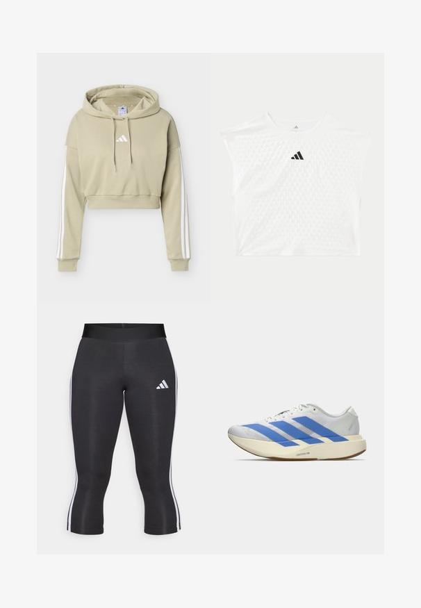 Beiger, kurz geschnittener Hoodie mit weißem Adidas-Logo auf der Brust und drei weißen Streifen, die die Ärmel entlanglaufen, mit Kapuze und Kordelzug.; Weißes Adidas kurzärmliges Sportshirt mit strukturiertem Punktmuster und schwarzem Adidas-Logo mittig auf der Brust.; Schwarze Capri-Leggings mit breitem Bund, versehen mit weißen seitlichen Streifen und einem weißen Adidas-Logo auf dem linken Oberschenkel. Glatte Textur.; Weißer Laufschuh mit drei blauen Streifen, hellbeiger dicker Sohle mit der Aufschrift "Lightstrike Pro," und weißen Schnürsenkeln vor einfachem Hintergrund.