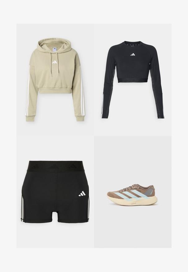 Μπεζ cropped φούτερ με λευκό λογότυπο Adidas στο στήθος και τρεις λευκές ρίγες σε κάθε μανίκι, με κουκούλα και κορδόνι.; Μαύρος κοντός μανίκι επαγγελματικός τοπ από απαλό ύφασμα. Διαθέτει λευκό λογότυπο στο στήθος και ριγέ λεπτομέρειες στους μανίκια.; Μαύρες αθλητικές σορτς από ελαστικό υλικό. Διαθέτουν φαρδιά μαύρη ζώνη με ανάγλυφο λογότυπο και λευκές λωρίδες πλάι.; Καφέ αθλητικό παπούτσι με ανοιχτό μπλε ρίγες, πλέγμα στο πάνω μέρος, στρογγυλή μύτη και ελαφριά κρεμ σόλα, με γκρι διακοσμητικά στοιχεία.