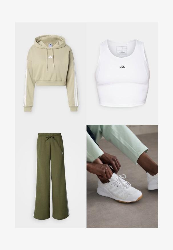 Béžová cropovaná mikina s kapucňou s bielym logom Adidas na hrudi a tromi bielymi pruhmi vedúcimi po každom rukáve, vybavená kapucňou so sťahovacou šnúrkou.; Biely športový crop top vyrobený z ľahkej, priedušnej tkaniny. Obsahuje sieťované bočné panely a čierne vyšitý logo na hrudi.; Široké olivovo zelené tepláky z mäkkého materiálu s nastaviteľným pásom so šnúrkou a bielymi pruhmi na bokoch. Logo Adidas v striebornej farbe.; Biele športové topánky s hornou časťou z sieťoviny, gumovou podrážkou a dizajnom so tromi prúžkami. Šnúrky sa upravujú; viditeľné svetlošedé a mätovo zelené oblečenie.