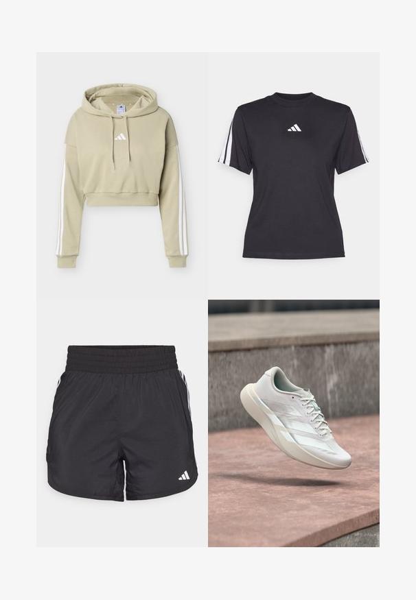 Μπεζ cropped φούτερ με λευκό λογότυπο Adidas στο στήθος και τρεις λευκές ρίγες σε κάθε μανίκι, με κουκούλα και κορδόνι.; Μαύρο αθλητικό μπλουζάκι φτιαγμένο από μαλακό ύφασμα, με στρογγυλή λαιμόκοψη, κοντά μανίκια και τρεις λευκές ρίγες σε κάθε ώμο. Λευκό λογότυπο στο στήθος.; Μαύρα αθλητικά σορτς με ελαστική μέση, πλαϊνές τσέπες και άσπρες ρίγες στα πλάγια. Φτιαγμένα από ελαφρύ υλικό.; Λευκό αθλητικό παπούτσι με τρεις ρίγες, αιωρούμενο στον αέρα πάνω από επιφάνεια ροζίζοντος σκυροδέματος και γκρίζο πέτρινο φόντο.