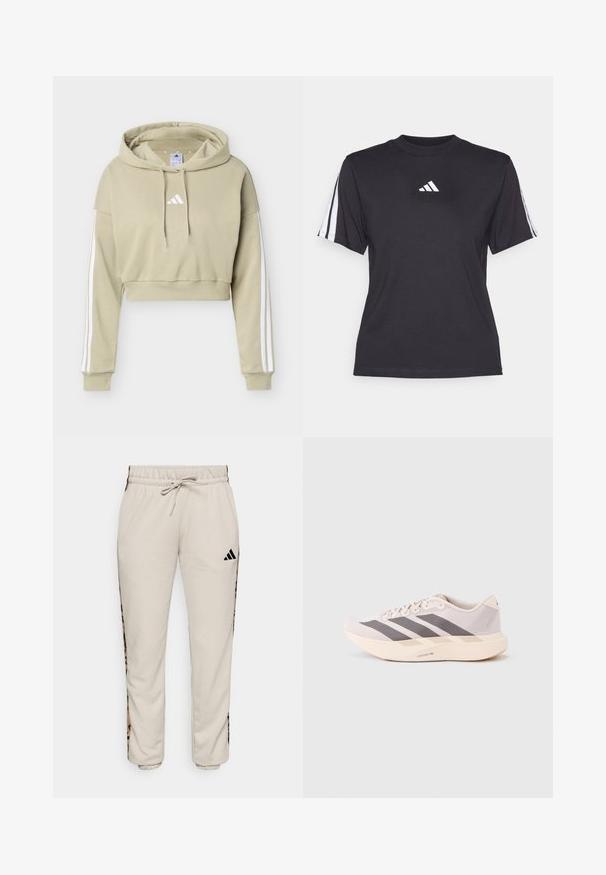 Béžová cropovaná mikina s kapucňou s bielym logom Adidas na hrudi a tromi bielymi pruhmi vedúcimi po každom rukáve, vybavená kapucňou so sťahovacou šnúrkou.; Čierne športové tričko vyrobené z mäkkého materiálu, s klasickým okrúhlym výstrihom, krátkymi rukávmi a tromi bielymi pruhmi na každom ramene. Biely logo na hrudi.; Svetlobéžové tepláky vyrobené z mäkkej tkaniny, s pásom na šnúrku a čiernymi bočnými panelmi s leopardím vzorom.; Ľahké športové tenisky v bledoružovej a šedej farbe, s priedušným sieťovaným zvrškom, troma tmavými pásmi a hrubou krémovou podrážkou označenou "LIGHTSTRIKE PRO".