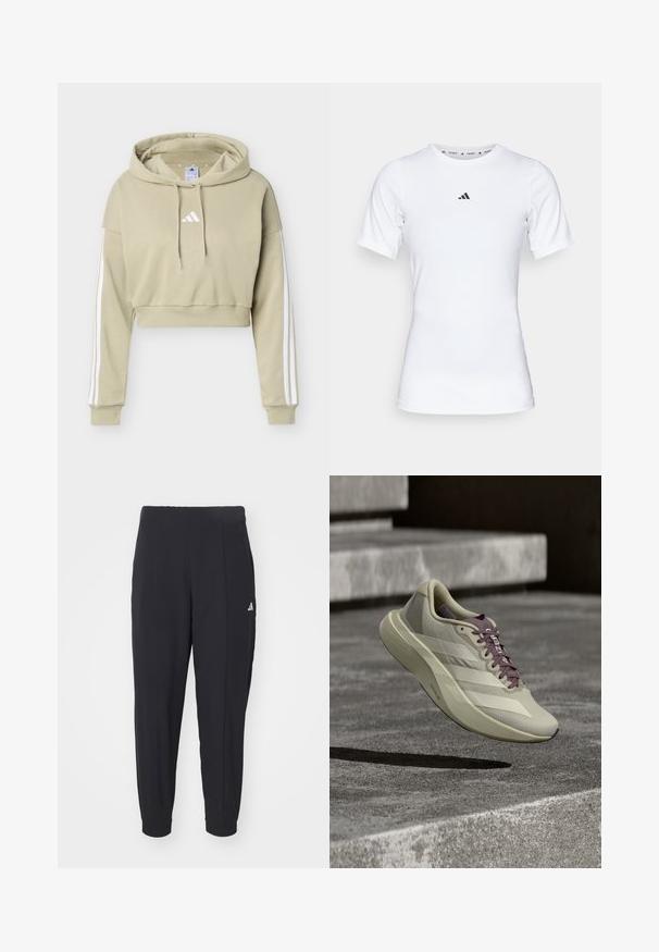 Sweat à capuche court beige avec logo Adidas blanc sur la poitrine et trois bandes blanches courant le long de chaque manche, doté d'une capuche à cordon.; T-shirt de sport blanc à manches courtes, fabriqué en tissu lisse et extensible. Doté d'un petit logo noir Adidas sur la poitrine.; Pantalons de sport noirs en tissu lisse. Design ajusté avec des poignets élastiques. Présente un petit logo blanc sur la hanche gauche.; Chaussure de sport beige avec dessus en mesh texturé, bandes blanches et accents violets. Design léger et bout arrondi pour des performances améliorées.