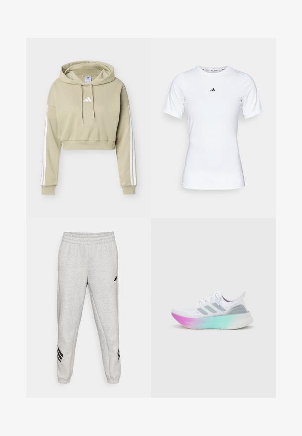 Beež toonis lühike kapuutsiga dressipluus, millel on valge Adidas logo rinnal ja kolm valget triipu kummalgi varrukal, kapuuts nööriga.; Valge lühikeste varrukatega sportlik särk, mis on valmistatud siledast ja venivast kangast. Rinnal on väike must Adidas'i logo.; Heledad hallid spordipüksid ribatud paeltega, kitsenevad sääred ja kolm musta diagonaalset triipu pahkluude lähedal. Sile tekstuur.; Valge Adidas jooksumari hallide triipudega ja paks tallaga, mis läheb üle roosast roheliseks, millel on tekstid "Lightboost" ja "Ultraboost".