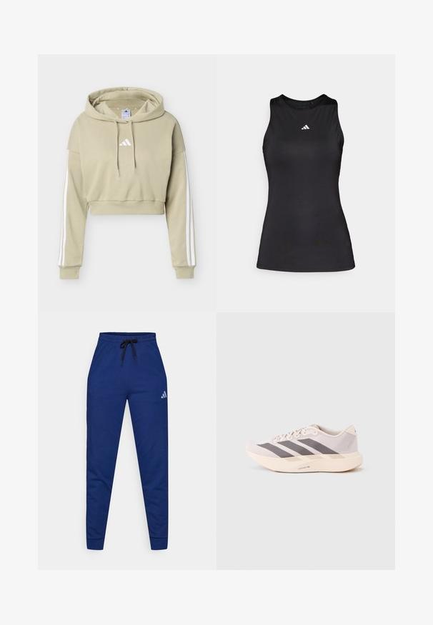 Beež toonis lühike kapuutsiga dressipluus, millel on valge Adidas logo rinnal ja kolm valget triipu kummalgi varrukal, kapuuts nööriga.; Must kahega sportlik top, mis on valmistatud siledast kangast. Omab ümmargust kaelust ja väikest valget Adidas logo rinnal.; Sinisest puuvillast spordipüksid, millel on elastne vöökoht, reguleeritav must nöör ja väike valge logo vasakul reiel. Lähedane disain.; Kerged sporditossud helelilla ja halli toonis, millel on võrguline pealmine osa, kolm tumedat triipu ning paks kreemjas tallaosa, millel on silt "LIGHTSTRIKE PRO".