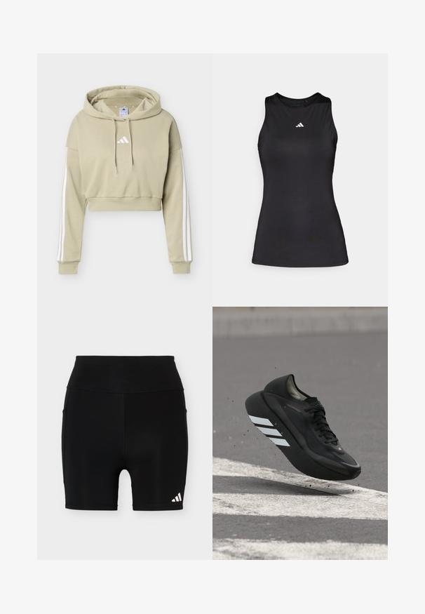 Sweat à capuche court beige avec logo Adidas blanc sur la poitrine et trois bandes blanches courant le long de chaque manche, doté d'une capuche à cordon.; Débardeur de sport noir sans manches en tissu lisse. Il présente un col rond et un petit logo Adidas blanc sur la poitrine.; Short de sport noir taille haute avec un petit logo Adidas blanc sur la partie inférieure gauche de la jambe et des poches latérales sur un fond uni.; Chaussure de course noire avec des bandes blanches sur la semelle, flottant au-dessus de l'asphalte avec des marquages routiers blancs, soulevant de petits débris.