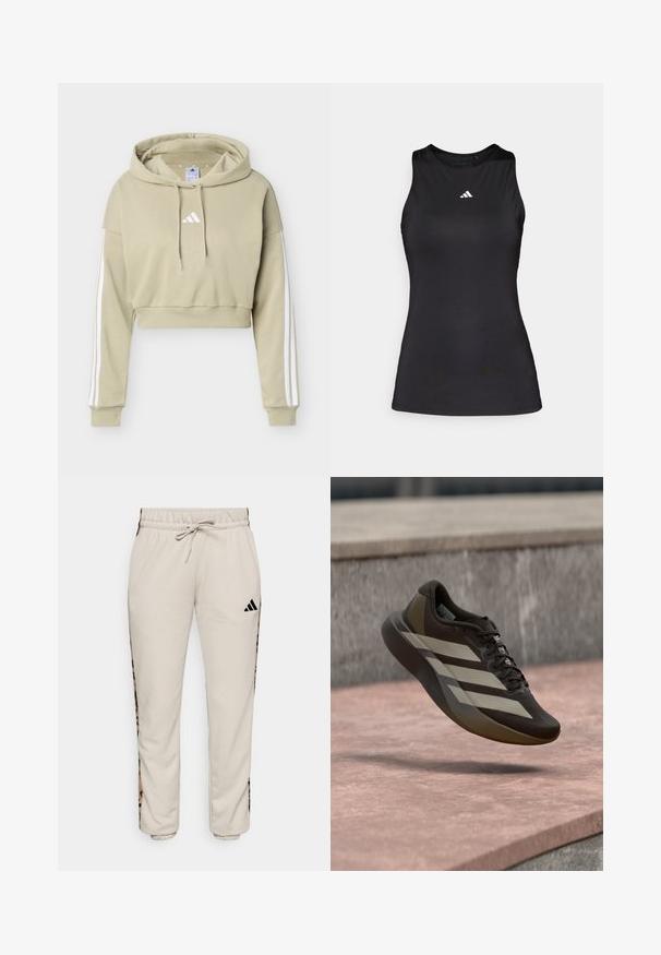 Beež toonis lühike kapuutsiga dressipluus, millel on valge Adidas logo rinnal ja kolm valget triipu kummalgi varrukal, kapuuts nööriga.; Must kahega sportlik top, mis on valmistatud siledast kangast. Omab ümmargust kaelust ja väikest valget Adidas logo rinnal.; Heledad beežid dressipüksid pehmest kangast, millel on nööriga vöökoht ja mustad külgpanelid leopardimustriga.; Pruun jooksujalanõu tekstuurse pealismaterjaliga, millel on laiad valged triibud, mustad paelad ja sile tald, mis on kujutatud hõljuvas asendis.