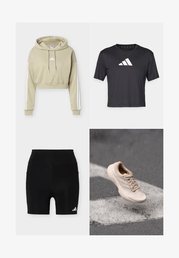Sweat à capuche court beige avec logo Adidas blanc sur la poitrine et trois bandes blanches courant le long de chaque manche, doté d'une capuche à cordon.; T-shirt noir court en tissu lisse, avec un logo Adidas blanc sur la poitrine, un col rond et des manches courtes.; Short de sport noir taille haute avec un petit logo Adidas blanc sur la partie inférieure gauche de la jambe et des poches latérales sur un fond uni.; Chaussure de sport beige avec une tige texturée, une semelle lisse et des accents rosés. Comprend des perforations pour la respirabilité et des lacets plats.