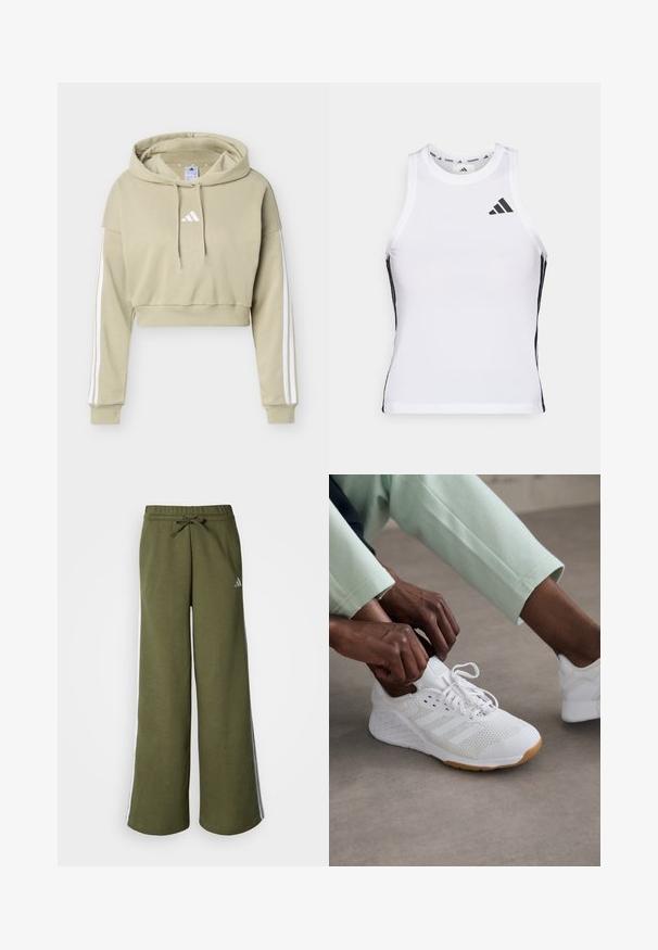 Béžová cropovaná mikina s kapucňou s bielym logom Adidas na hrudi a tromi bielymi pruhmi vedúcimi po každom rukáve, vybavená kapucňou so sťahovacou šnúrkou.; Biely športový tielko s čiernymi bočnými akcentami a logom. Má výstrih v tvare lode a priliehavý strih, vyrobené z ľahkého, priedušného materiálu.; Široké olivovo zelené tepláky z mäkkého materiálu s nastaviteľným pásom so šnúrkou a bielymi pruhmi na bokoch. Logo Adidas v striebornej farbe.; Biele športové topánky s hornou časťou z sieťoviny, gumovou podrážkou a dizajnom so tromi prúžkami. Šnúrky sa upravujú; viditeľné svetlošedé a mätovo zelené oblečenie.