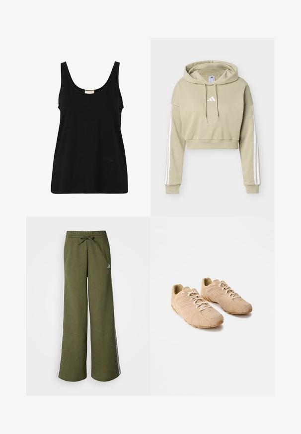 Sudadera corta beige con capucha, con logo blanco de Adidas en el pecho y tres rayas blancas que recorren cada manga, con capucha ajustable con cordones.; Top sin mangas negro hecho de suave algodón, con un escote redondeado y un corte relajado, sin patrones visibles ni detalles de hardware.; Joggers de pierna ancha en verde oliva hechos de tela suave, con cintura ajustable con cordón y franjas laterales blancas. Logotipo de Adidas en plateado.; Zapatillas deportivas beige con un upper de ante texturizado, suela de goma curvada prominente y cierre de cordones. Presenta detalles en relieve en los laterales.