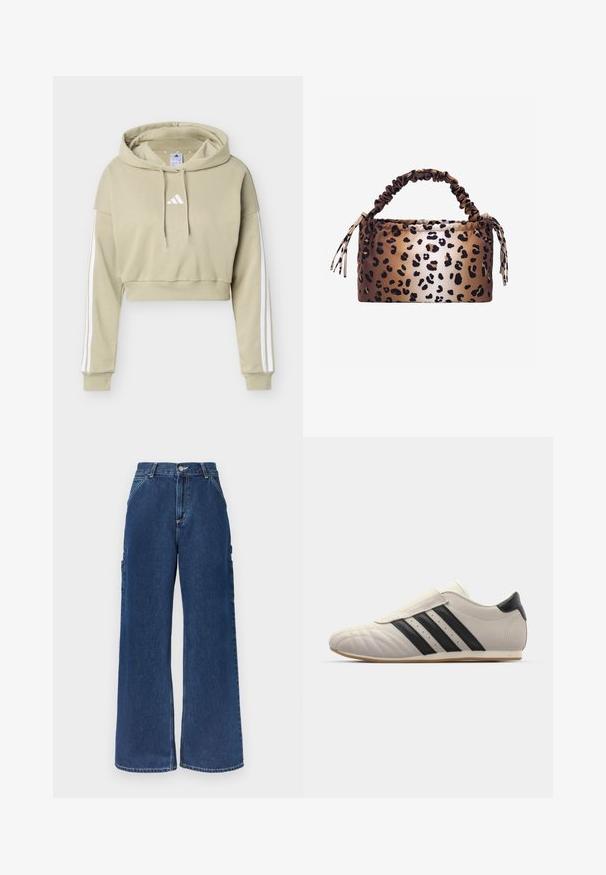 Μπεζ cropped φούτερ με λευκό λογότυπο Adidas στο στήθος και τρεις λευκές ρίγες σε κάθε μανίκι, με κουκούλα και κορδόνι.; Τζιν παντελόνι από σκούρο μπλε denim με ψηλή μέση, φαρδύ παντελόνι, μπροστινές τσέπες, πλαϊνές τσέπες χρήσης και κούμπωμα με κουμπί και φερμουάρ.; Ανοιχτό γκρι αθλητικό παπούτσι με μαύρες ρίγες, στρογγυλή μύτη, λείο δερμάτινο άνω μέρος, κλείσιμο με βελουτέ λουράκι και καουτσούκ σόλα.; Καφέ και μπεζ τσάντα από ύφασμα με λεοπάρ σχέδιο, με μαζεμένη λαβή και πλαϊνά φουντάκια σε λευκό φόντο.