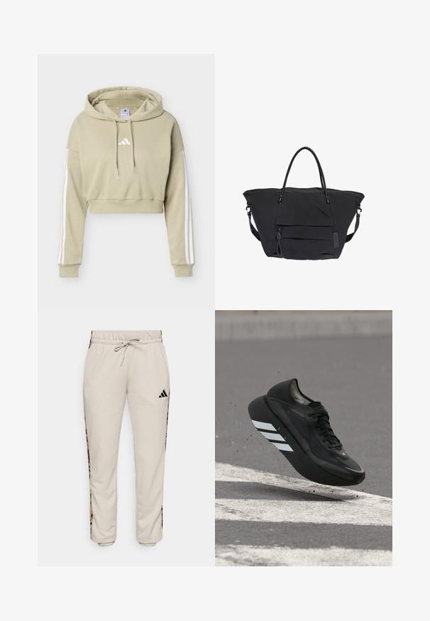 Beiger, kurz geschnittener Hoodie mit weißem Adidas-Logo auf der Brust und drei weißen Streifen, die die Ärmel entlanglaufen, mit Kapuze und Kordelzug.; Hellbeige Sweatpants aus weichem Stoff, mit einem verstellbaren Bund und schwarzen Seitenpaneelen mit einem Leopardenmuster.; Schwarzer Laufschuh mit weißen Streifen auf der Sohle, schwebt über Asphalt mit weißen Straßenmarkierungen und wirbelt kleine Schmutzpartikel auf.; Große schwarze Tote-Tasche mit doppelten Griffen, vorne Reißverschlussfach und abnehmbarem Schulterriemen vor weißem Hintergrund.