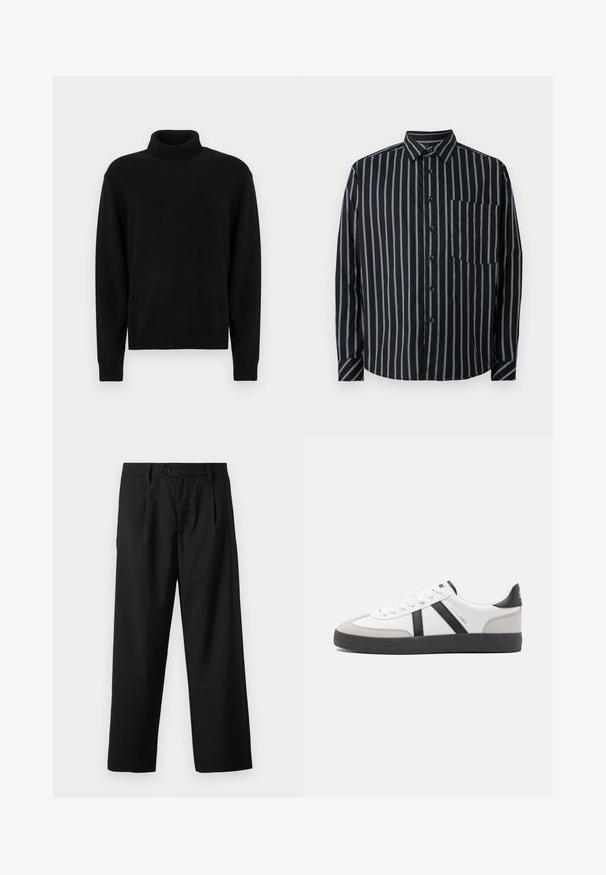 Sort rullekravesweater lavet af strikstof. Har lange ærmer samt ribstrikkede manchetter og kant. Enkel, sømløs design uden mønstre.; Sort button-up skjorte med blå lodrette striber, lange ærmer, krave og en brystlomme. Glat stof, afslappet pasform, standard knapper.; Sorte bukser med lige pasform, der har en enkelt knaplukning, to for-lommer og en glat, let stofstruktur.; Hvide sneakers med sorte og grå detaljer, med en tekstureret grå tåhætte, sort gummisål og flade hvide snørebånd. Rent design, minimalistisk stil.
