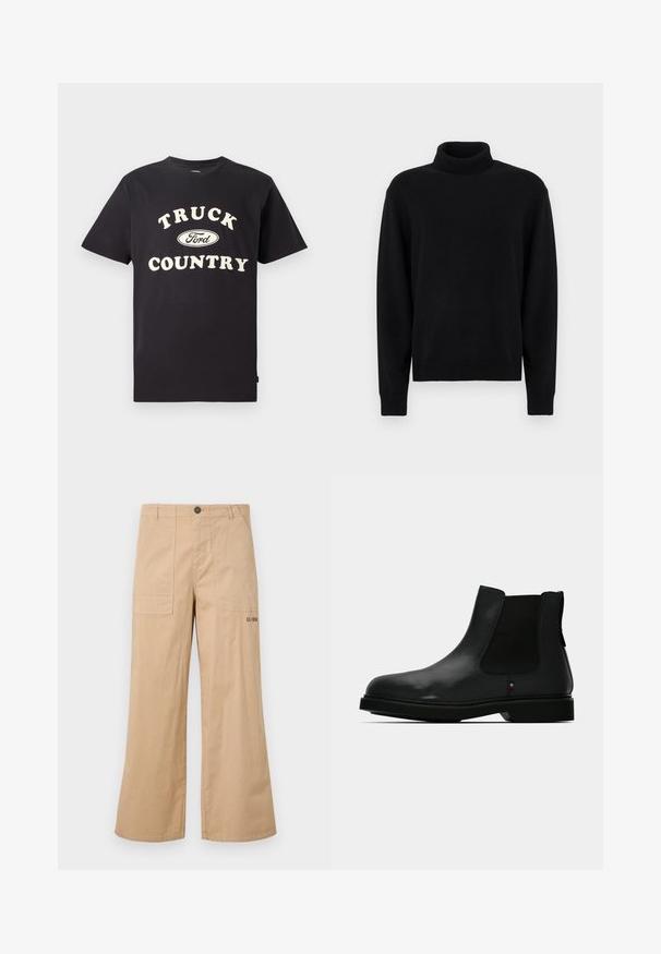 Schwarzer Rollkragenpullover aus Strickstoff. Verfügt über lange Ärmel sowie gerippte Bündchen und Saum. Einfaches, nahtloses Design ohne Muster.; Schwarzes Baumwoll-T-Shirt mit kurzen Ärmeln, das "TRUCK COUNTRY" in cremigem Text und einem Ford-Logo-Design auf der Vorderseite zeigt.; Beige Baumwoll-Cargo-Hosen mit weitem Beinschnitt, vorderen aufgesetzten Taschen und einem Logo auf der Gesäßtasche. Leichter Stoff mit glatter Textur.; Schwarzer Chelsea-Stiefel aus Leder mit elastischen Seitenteilen, rundem Zehenbereich und strukturierter Oberseite. Verfügt über eine flache Gummisohle und dezente Markenakzente.