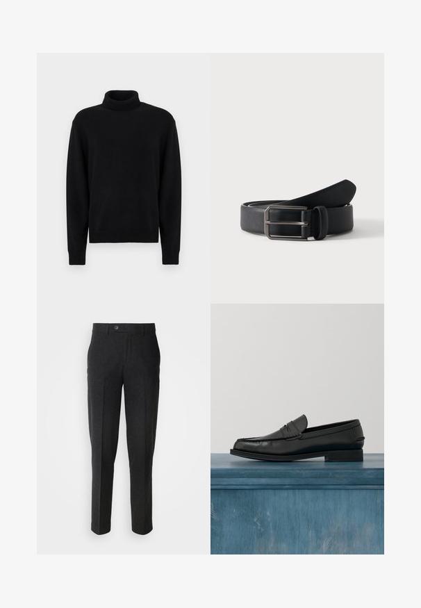 Schwarzer Rollkragenpullover aus Strickstoff. Verfügt über lange Ärmel sowie gerippte Bündchen und Saum. Einfaches, nahtloses Design ohne Muster.; Lindbergh Stoffhose - black melange; Schwarze Leder-Loafer mit schlankem Design, ausgestattet mit einer abgesteppten Zehe und einer glatten Oberfläche. Der Schuh verfügt über einen flachen Absatz und minimale Verzierungen.; Schwarzer Ledergürtel, zusammengerollt mit rechteckiger silberner Metallschnalle auf schlicht hellem Hintergrund.