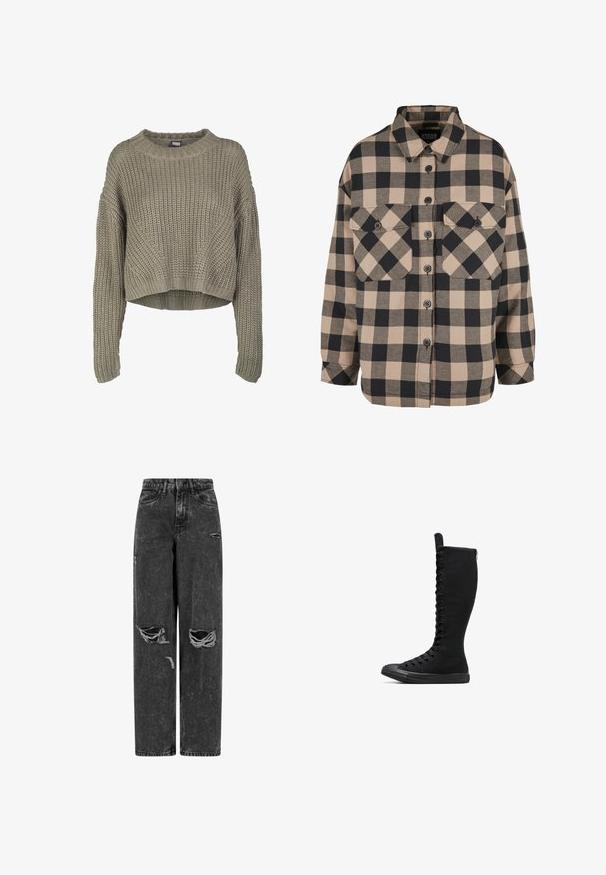 Olivengrøn, kort striktrøje med et tekstureret mønster, rund hals og lange ærmer. Tykt ribkant ved kanten og ærmerne.; Rutet flannel skjorte i beige og mørkegrå. Har en knap-ned front, to brystlommer og en nedfoldet krave. Løs pasform.; Sorte højtaljede brede bukser af jeans med rifter på knæene og slidte detaljer på en hvid baggrund.; Sorte høje canvasstøvler med rund tå, lynlås og snørebånd foran. Har en tekstureret overflade og gummisål.