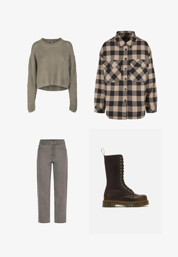 Olivengrøn, kort striktrøje med et tekstureret mønster, rund hals og lange ærmer. Tykt ribkant ved kanten og ærmerne.; Rutet flannel skjorte i beige og mørkegrå. Har en knap-ned front, to brystlommer og en nedfoldet krave. Løs pasform.; Grå denim jeans med lige ben, knap- og lynlåslukning, for- og baglommer og bæltestropper.; Høj mørkebrun læder snørestøvle med gule syninger, tyk rillede sål og trækstrop bagpå.