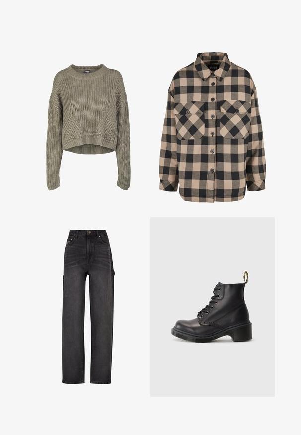 Olivengrøn, kort striktrøje med et tekstureret mønster, rund hals og lange ærmer. Tykt ribkant ved kanten og ærmerne.; Rutet flannel skjorte i beige og mørkegrå. Har en knap-ned front, to brystlommer og en nedfoldet krave. Løs pasform.; Højtaljede cargo jeans i sort denim med vid ben-design, sidelommer og subtile falmning detaljer. Holdbart stof og kontraststik.; Sorte læder ankelstøvler med rund tå, snørebåndsdesign og struktureret gummikalv. Har en gul sløjfe bagpå for nem påtagning.