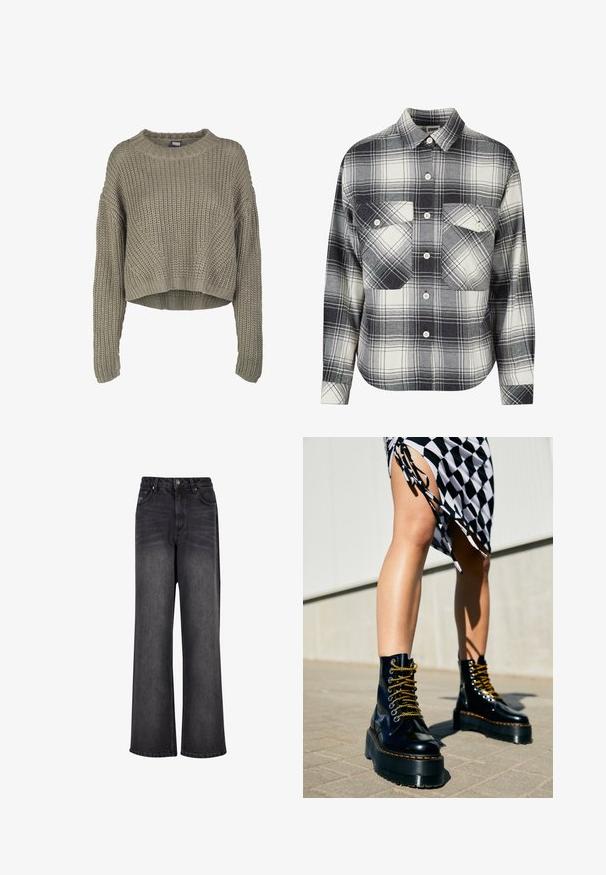 Olivgrüner, verkürzter Strickpullover mit strukturiertem Muster, rundem Ausschnitt und langen Ärmeln. Dicke Rippstruktur am Saum und an den Bündchen.; Karierte Flanellhemd in Schwarz, Weiß und Grau. Mit Knopfverschluss, zwei Brusttaschen und langen Ärmeln mit geknöpften Manschetten.; Schwarze Denim-Jeans mit weitem Bein und glatter Textur, mit hoher Taille, seitlichen Taschen und einer Knopfverschluss.; Schwarze Leder-Plateau-Stiefel mit klobigen Sohlen, goldenen Schnürsenkeln und orangefarbenen Nähten, kombiniert mit einem karierten Rock, der einen seitlichen Schlitz zeigt.