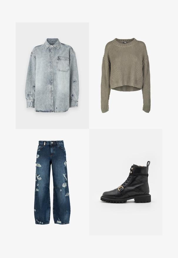 Olivengrøn, kort striktrøje med et tekstureret mønster, rund hals og lange ærmer. Tykt ribkant ved kanten og ærmerne.; Lyseblå denimskjorte med lange ærmer, knaplukning foran, enkelt brystlomme og krydsbroderi detaljer på ærmerne.; Blå højtaljede viddeben jeans med flere slidte rifter og frynsete detaljer foran og på benene.; Sort læder ankelstøvle med en kraftig gummisål, guld spænde detalje og snøring foran. Har en textured overflade og solid konstruktion.