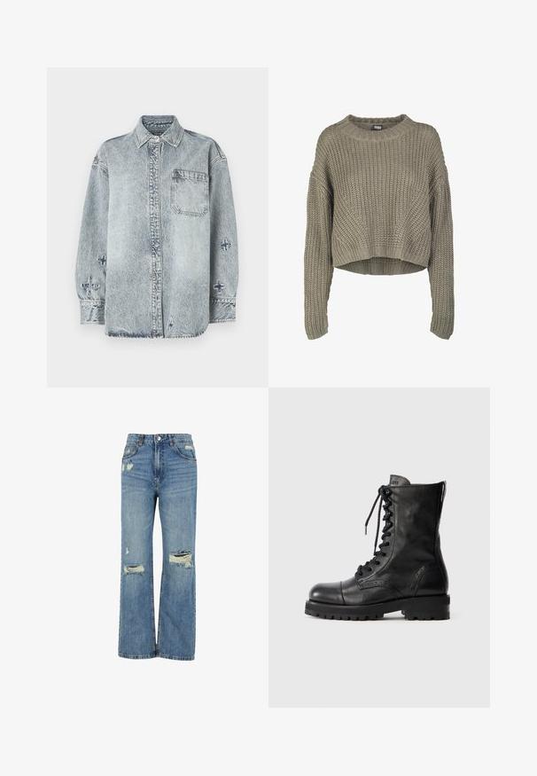 Olivengrøn, kort striktrøje med et tekstureret mønster, rund hals og lange ærmer. Tykt ribkant ved kanten og ærmerne.; Lyseblå denimskjorte med lange ærmer, knaplukning foran, enkelt brystlomme og krydsbroderi detaljer på ærmerne.; Lyseblå denim jeans med højtalje, bred benpasform, slidte huller ved knæene og klassisk fem-lomme design.; Sorte læder lace-up støvler med rund tå, broguedetaljer og en robust gummisål. Har en lynlås på bagsiden for nem påtagning.