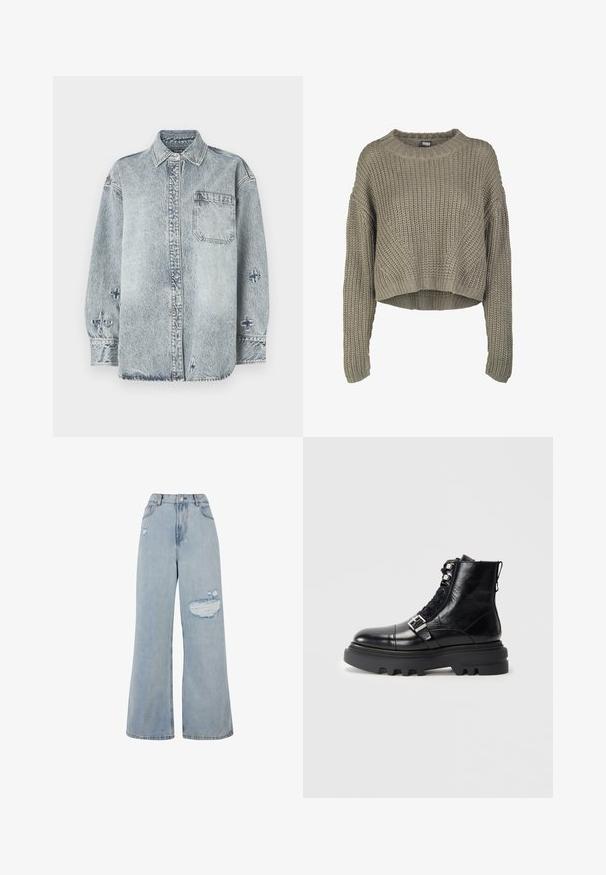 Olivengrøn, kort striktrøje med et tekstureret mønster, rund hals og lange ærmer. Tykt ribkant ved kanten og ærmerne.; Lyseblå denimskjorte med lange ærmer, knaplukning foran, enkelt brystlomme og krydsbroderi detaljer på ærmerne.; Lysvasket denim wide-leg jeans med høj talje, slidte områder og en rå kant. Blød tekstur med en løs pasform.; Sort læder ankelstøvle med struktureret finish, der har snøredesign, metalhardware-detaljer og tyk gummisål med udtalt slidbane.