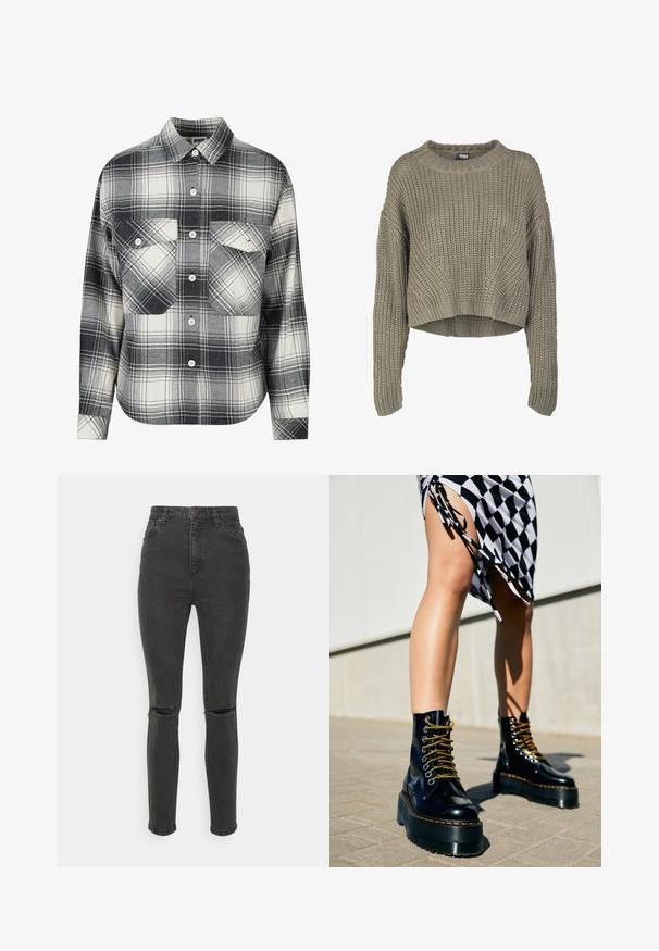 Pull en tricot cropped vert olive avec un motif texturé, col rond et manches longues. Large côtelé au niveau de l'ourlet et des poignets.; Chemise en flanelle à carreaux noire, blanche et grise. Présente un devant à boutons, deux poches poitrine et des manches longues avec des poignets boutonnés.; Cotton On CURVY SKINNY - Jeans Skinny - graphite black rip; Bottes plateformes en cuir noir avec des semelles épaisses, des lacets dorés et des coutures orange, assorties à une jupe à carreaux mettant en valeur une fente sur le côté.