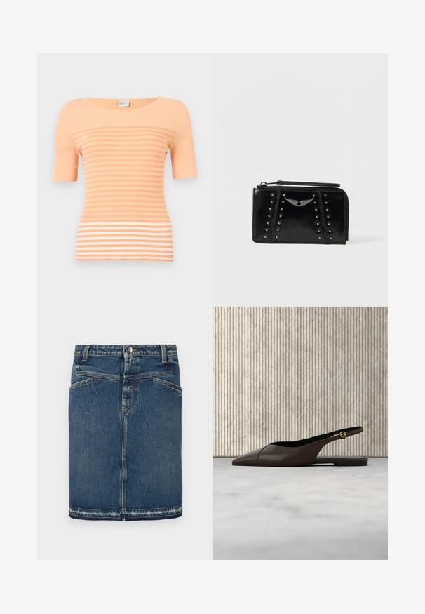 Perzikkleurige geribde top met korte mouwen. Heeft horizontale strepen in verschillende tinten, die een textuurpatroon creëren.; Denimrok met een klassieke blauwe wassing, vijfzakkenontwerp en rafelige zoom. Sluit met een knoop en ritssluiting aan de voorkant.; Donkerbruine leren platte slingbackschoen met spitse neus en gouden gesp, geplaatst op een beige tapijt nabij een ronde houten tafel.; Zwart leren portemonnee met zilveren studs en een gevleugeld embleem, voorzien van een ritssluiting en een polsriem, op een witte achtergrond.