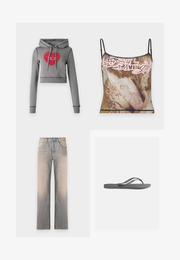 Grå cropped hættetrøje med lange ærmer, snørre i hætten og rødt hjerte- og logodesign, pyntet med rhinsten. Kontrastsyninger.; Brun og beige tie-dye camisole med tynde, sorte justerbare stropper og lyserødt abstrakt tekstdesign over brystet.; Lyseblå denim jeans med en lige ben-design, der har forlommer, subtil fading og en standard talje såvel som en metal knap.; Flad grå klip-klap sandal med tekstureret sål og tynde Y-formede stropper, vist fra siden mod en ensfarvet lys baggrund.