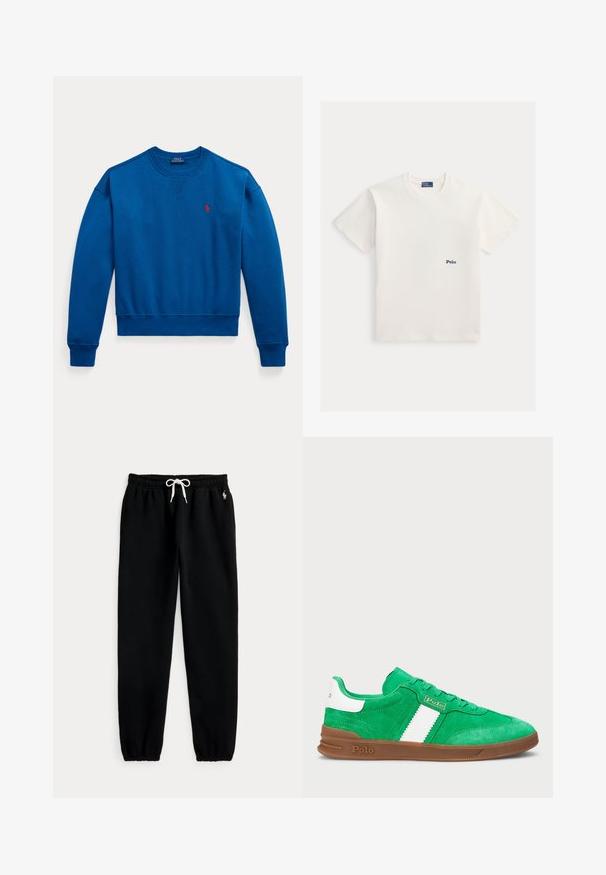 Blauwe trui met lange mouwen en ronde hals, met geribbelde boorden en zoom, met een klein rood Polo Ralph Lauren-logo op de borst.; Wit katoenen T-shirt met korte mouwen, ronde hals en een klein marineblauw geborduurd "Polo"-logo op de linkerborst.; Zwarte joggerbroek met elastische tailleband en witte trekkoorden, elastische boorden en klein wit paardenlogo op linkerheup.; Groene suède sneakers met een witte horizontale streep, een bruine rubberen zool en tonale veters. Merken op de zijkant en achterkant.