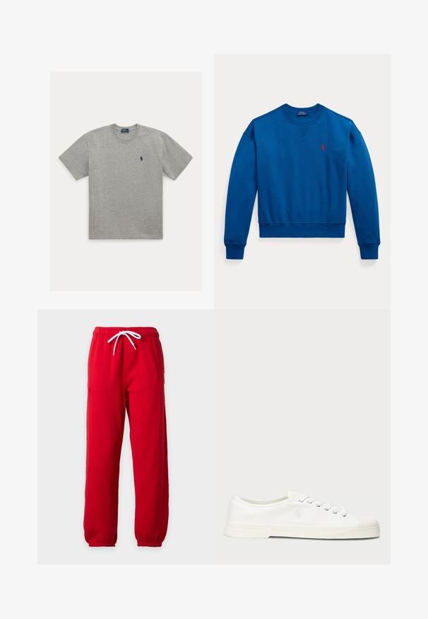 Blaues Sweatshirt mit Rundhalsausschnitt, langen Ärmeln sowie gerippten Bündchen und Saum, mit kleinem rotem Polo Ralph Lauren Logo auf der Brust.; Hellgraues T-Shirt mit kurzen Ärmeln und Rundhalsausschnitt mit kleinem dunkelblau besticktem Polospieler-Logo auf der linken Brust.; Rote Jogginghose mit weißem Kordelzug, elastischem Bund und elastischen Bündchen auf einfachem hellem Hintergrund.; Weiße Leinensneaker mit runder Zehenpartie, Schnürverschluss und dezentem Logodetail. Verfügt über ein strukturiertes Gewebe und eine Gummisohle.