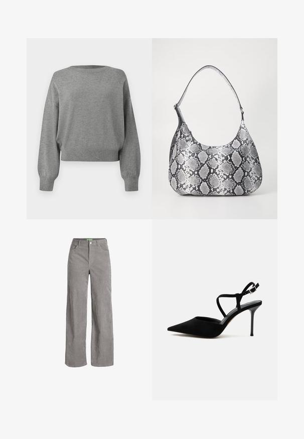 Grå cropped sweater lavet af blød strik, med rund halsudskæring og lange ærmer med ribbede manchetter og kant.; Grå fløjl bredbenede bukser med knaplukning og bæltestropper. Har to sidelommer og et blødt, tekstureret stof.; Sort højhælet sko med spids tå, tynd stilethæl og tynde ankelremme med sølvspænde på hvid baggrund.; Sort-hvid slangemønster skuldertaske med en rund form, glat tekstur og en buet rem. Har et sølvfarvet hardware-accents.