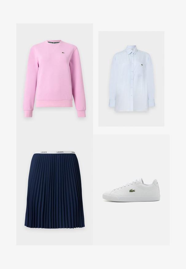 Sudadera de manga larga rosa claro con cuello redondo, puños y bajo acanalados, tejido texturizado, pequeño logo de cocodrilo verde en el pecho izquierdo.; Camisa de manga larga azul claro con botones, bolsillo en el pecho y pequeño logo verde de cocodrilo en el bolsillo.; Falda plisada de color marino con un diseño texturizado, cintura elástica con la marca "LACOSTE" y tela suave.; Zapatilla de cuero blanca con punta redondeada, diseño de cordones, logo de cocodrilo bordado en verde y suela de goma texturizada.