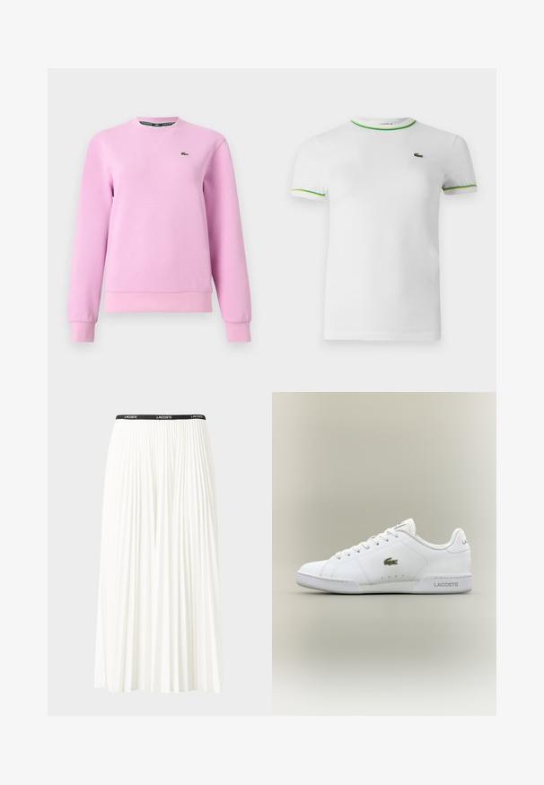 Lyserød langærmet sweatshirt med rund hals, ribstrikkede manchetter og kant, tekstureret stof, lille grønt krokodillelogo på venstre bryst.; Hvid bomulds t-shirt med korte ærmer, rund hals og grønne samt gule ribbede detaljer ved kraven og ærmerne. Lacoste-logo på brystet.; Plisseret hvid nederdel med en sort elastisk talje, der har "LACOSTE"-logoet. Mellemlang design med blød tekstur.; Hvide sportsko lavet af syntetisk læder, med et grønt broderet krokodillelogo, snørelukning og minimalistisk silhuet.