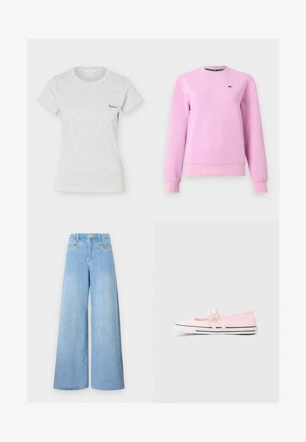 Lichtroze sweatshirt met lange mouwen, ronde hals, geribde manchetten en zoom, gestructureerde stof, klein groen krokodillenlogo op de linkerborst.; Lichtgrijs geribd T-shirt met korte mouwen, ronde hals en klein zwart "Pepe Jeans" logo op de linkerborst.; Lichtblauwe wijde jeans met hoge taille, voorzakken met klep en goudkleurige knoopdetails tegen een effen achtergrond.; Roze canvas schoen met witte rubberen neuspunt, zwarte strepen langs de zool, en twee verstelbare gespsluitingen over de wreef.