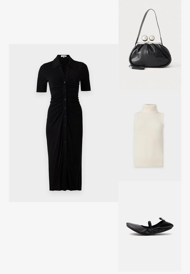 MICHAEL Michael Kors TURTLE - Trui - bone; Zwarte jurk met korte mouwen, knoopsluiting en geplooide details. Gemaakt van gladde stof, knieholte-lengte met een aansluitende silhouet.; Zwarte gevouwen leren ballerina platte schoen met een enkele band en zilveren gesp op een effen lichte achtergrond.; Zwarte leren handtas met een geplooid ontwerp, een enkele schouderband, zilverkleurige metalen omlijsting en twee grote ronde zilveren sluitingen.