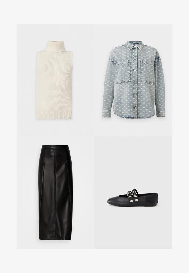 Pull sans manches crème tricoté à col roulé avec texture côtelée et ourlet sur fond blanc uni.; Chemise en jean bleu clair à boutons avec imprimé blanc « ax » partout, grandes poches poitrine, col et manches longues.; Jupe midi en cuir noir avec une taille ajustée, une texture lisse, des détails de coutures apparentes et une silhouette droite. Aucune décoration présente.; Chaussure plate en cuir noir avec bout pointu et deux brides avec boucles argentées sur le dessus, photographiée sur un fond clair uni.